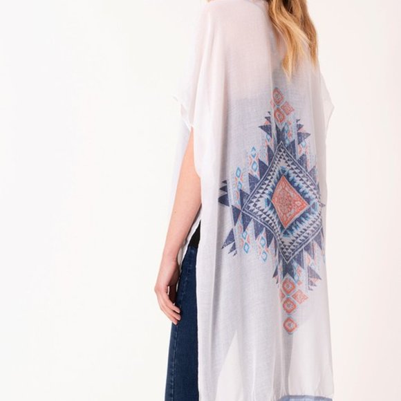 💙 Tribal Graphic Print Fringe Hem Kimono - Picture 4 of 6